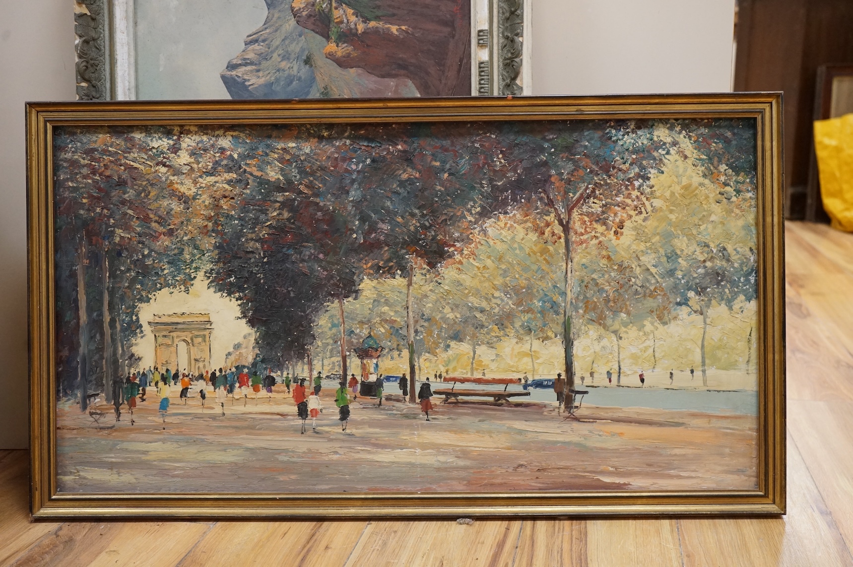George Hann (1900-1979), ‘View of the Arc de Triomphe’, label and inscription verso, oil on board, 39 x 74cm